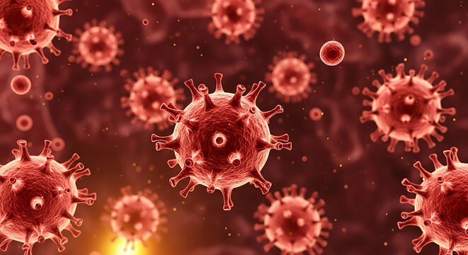 Close-up view of red coronavirus-like particles with spike proteins in a glowing field under a glow