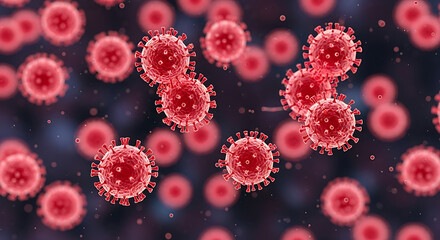 Red viral particles drift through dark backdrop spherical and spiky, suggesting microscopic illness