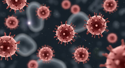 Close-up view of spiky red viruses floating in a dark field, with blurred cellular shapes and depth