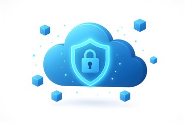 Cloud Security 3D Icon — Digital Padlock, Shield, and Floating Data Cubes on White Background