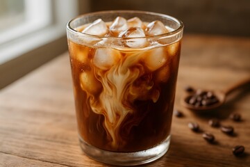 Close-Up Iced Coffee in Glass &mdash; Milk Swirling with Ice Cubes and Condensation