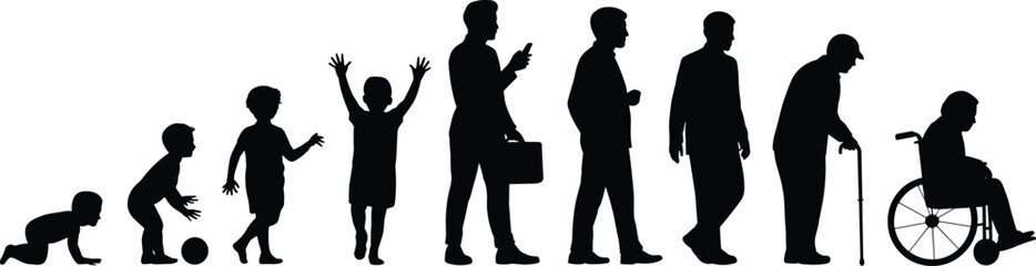 Silhouettes of human life stages from crawling baby to elderly in wheelchair for aging, development, and illustration design use