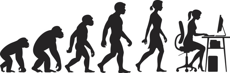 Silhouettes of human evolution from primate to modern office worker seated at computer—funny concept for lifestyle and illustration design