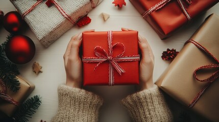 Fototapeta premium Unboxing red gifts in christmas day,cozy room unpack box,santa gifts,happy time online purchase and the ease of shipping and delivery,online shopping.