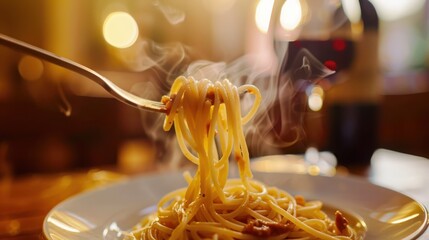 Pasta twirls on a fork with steam rising, warm restaurant atmosp
