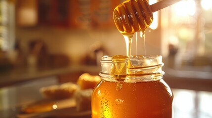 Honey dripping from a wooden dipper into a jar in a warm kitchen