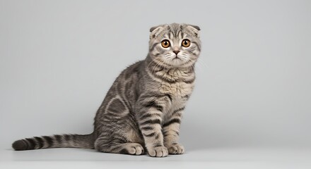 Gray tabby scottish fold cat sitting upright with amber eyes on a plain light gray background studio shot