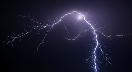 A jagged lightning bolt splits a dark night sky, illuminating storm clouds with electric azure glow
