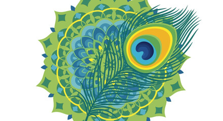 Vibrant peacock feather with a distinctive eye pattern resting on an intricate green and blue mandala design.