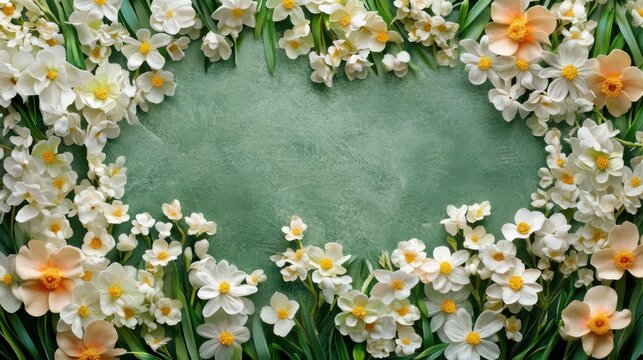 Delicate narcissus flowers frame a soft green background, evocative of springtime