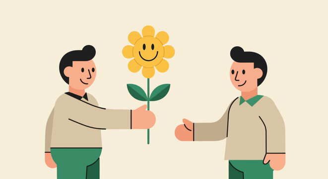 A cartoon man gives a happy smiling yellow flower to another man as a kind gesture of friendship.