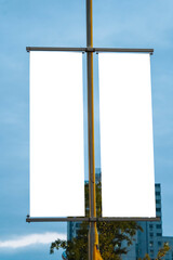 Two Large vertical blank billboard on a street wall, banners with space to add your own text, night view