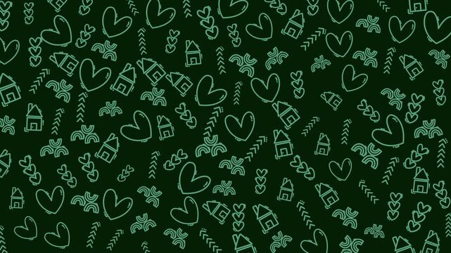 Vivid pattern featuring hearts and houses with smooth lines on a dark background, ideal for creative projects and modern design elements.