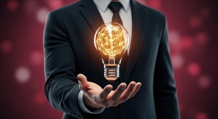 Businessman holds glowing lightbulb representing innovative idea creative thinking success and imagination in a modern business environment