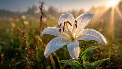 Delicate white lily in dewy meadow at sunrise