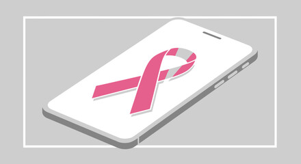 A smartphone screen displaying a pink ribbon, symbolizing digital support and awareness for breast cancer.