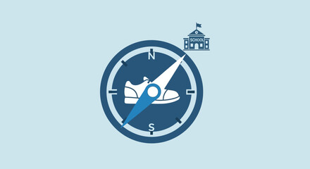 A compass with a shoe icon pointing towards a building, symbolizing direction and guidance in education or career.