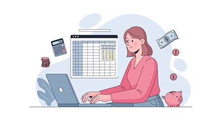 A woman is working on a laptop with a spreadsheet and calculator, surrounded by money and a piggy bank.