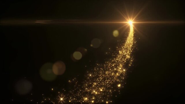 A brilliant golden shooting star streaks across a dark background, leaving a trail of shimmering sparkles and magical light.