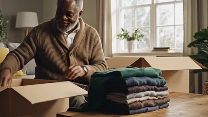 Senior Man Unpacking Clothes from Boxes in Living Room.