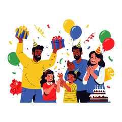 Happy Family Celebrating Birthday With Gifts and Cake.