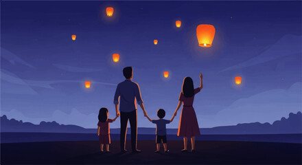 Family Watching Sky Lanterns Illuminate Night Sky.