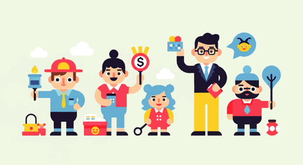 Diverse Group of Cartoon Characters with Symbols.