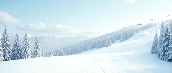 Cinematic winter wonderland with gentle snowflakes falling, camera slowly panning across serene snowy landscape, capturing peaceful mountain scenery and frosted pine trees under a clear sky. - Powered by Adobe