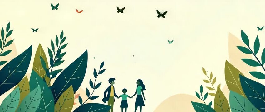Illustrated family strolls through vibrant garden as butterflies flutter gently, camera pans slowly in a serene, cinematic style capturing nature's tranquility and family bonding.