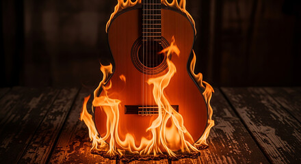 A guitar engulfed in bright orange flames on a weathered wooden floor, shadowed backdrop, hazy glow!