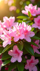 Obraz premium Close up of vibrant pink rhododendron flowers with sunlight and green foliage