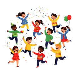 Diverse Group of Happy Children Celebrating with Balloons and Confetti.