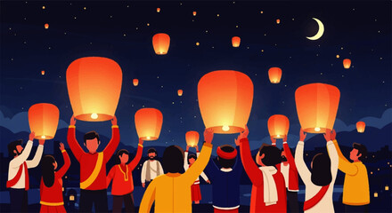 People Releasing Sky Lanterns Under Crescent Moon.