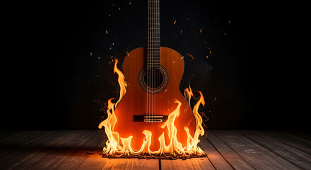 A guitar rests on a wooden stage, engulfed by blazing flames, set against a dark backdrop. Tonight
