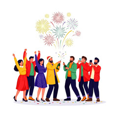 Diverse Group Celebrating New Years Eve with Fireworks.