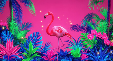 A vibrant pink flamingo stands amid neon tropical foliage under a magenta sky. Bright foliage glows