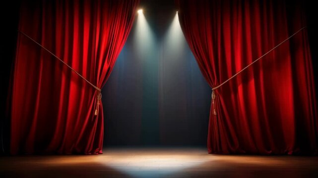 Elegant Red Velvet Stage Curtains Open Revealing Dramatic Spotlights and Empty Performance Space with Warm Floor Illumination