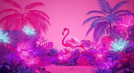 Neon pink jungle with glowing palm silhouettes and a solitary flamingo under magenta glow at dusk...