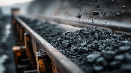 Coal is conveyed on a long belt, particles of it moving at various directions with a soft, out-of-focus background
