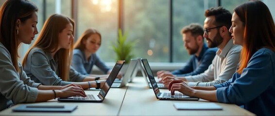 Collaborative team discussion in modern office with professionals engaging over laptops, camera slowly pans across the table, sunlight softly filtering through large windows, cinematic style.