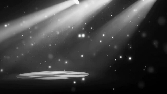 Empty Stage Spotlight with Falling Glitter and Smoke Effect in Dramatic Black and White Lighting
