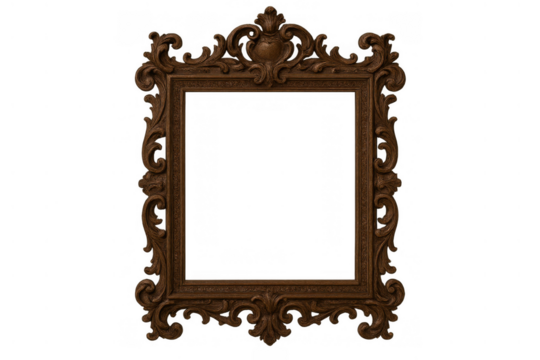 Ornate baroque wooden frame with intricate carvings providing classic border for various design projects, transparent background