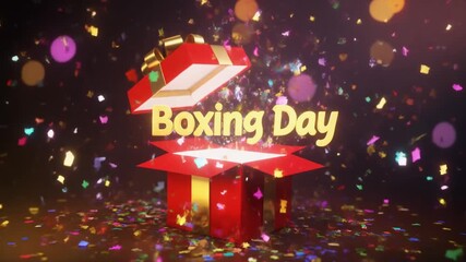 A festive red gift box opens to reveal a sparkling Boxing Day celebration with confetti.