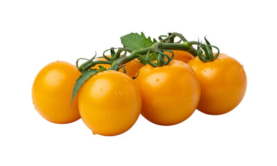 Fresh cluster of vibrant yellow cherry tomatoes on the vine, isolated on a clean white background, showcasing their natural ripeness.