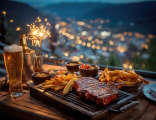 Grilled ribs, fries, and beer on a wooden patio overlooking city lights at night. Fireworks sparkle in the background