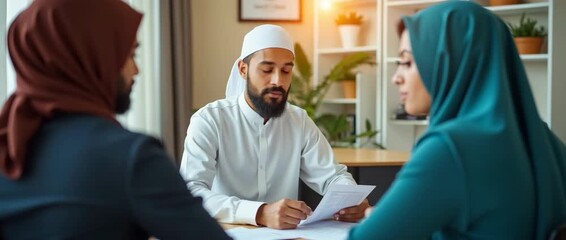 Professional business meeting in a modern office, participants discuss documents with attentive focus, camera slowly pans to reveal elegant interior design, cinematic style.