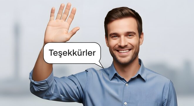 A smiling young man in a blue shirt waving with his right hand and a speech bubble that says 'Teşekkürler' in Turkish, standing against a blurred modern office background - Powered by Adobe