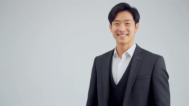 明るい白背景で撮影された若手日本人ビジネスマンが、自信を持って一歩踏み出す姿を捉えたポートレート。ダークスーツと微笑みが信頼感を演出し、脚とジャケットの動きが動的なエネルギーを表現。均整のとれたスタジオ照明とシャープな輪郭が、現代的で洗練されたビジネスイメージを作り出す。