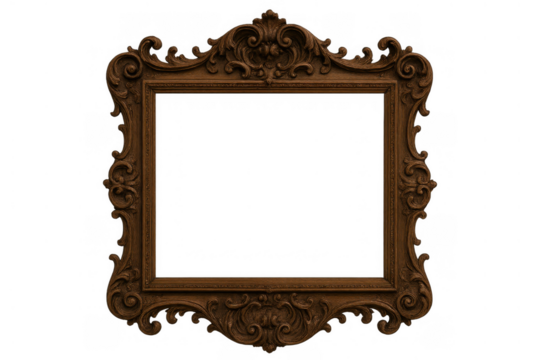 Ornate antique wooden picture frame with rococo style carving and intricate details, isolated on transparent background