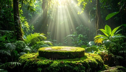 Sunlit Mossy Platform in Lush Tropical Rainforest.